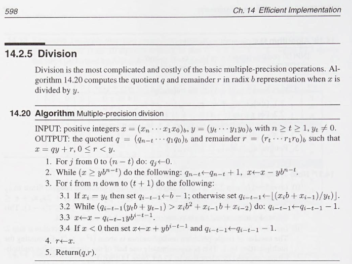 Page 598 of Handbook of Applied Cryptography, showing pseudocode for arbitrary precision division